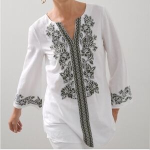 Chico’s Linen Cotton Blend Embroidered Balloon Sleeve Tunic Top Size 1 NWT